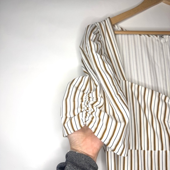 DANIELLE BERNSTEIN Puff Sleeve Cream and Brown Striped Midi Dress w/ Slit Sz 12 - Picture 5 of 8